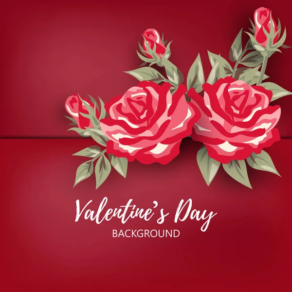 Fond Saint Valentin Belles Branches Rose Rouge Avec Des Feuilles — Image vectorielle