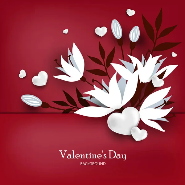 Valentinstag Hintergrund Der Schönen Weißen Blumen Zweige Mit Weißen Herzen — Stockvektor