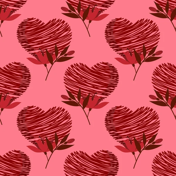 Valentinstag Nahtlose Muster Von Roten Herzförmigen Blüten Zweige Auf Rosa — Stockvektor