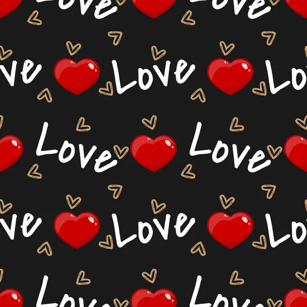 愛のテキストと黒の背景に小さな金の心と赤いハートのバレンタインデーのシームレスなパターン バレンタインデーのコンセプトのために ベクターイラスト — ストックベクタ