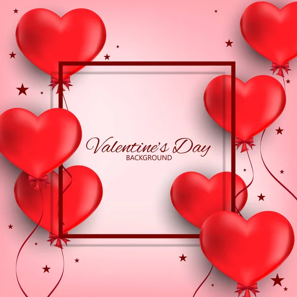 Valentijnsdag Achtergrond Van Een Groep Rode Hart Ballonnen Met Lint — Stockvector