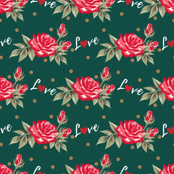 Valentinstag Nahtloses Muster Aus Zweigen Roter Rosenblüten Und Liebestext Mit — Stockvektor