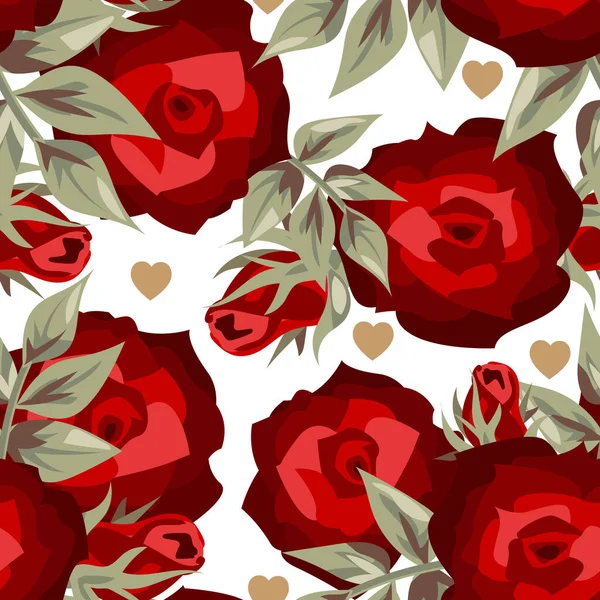 Valentinstag Nahtlose Muster Roter Rosenblüten Zweige Mit Grünen Blättern Und — Stockvektor