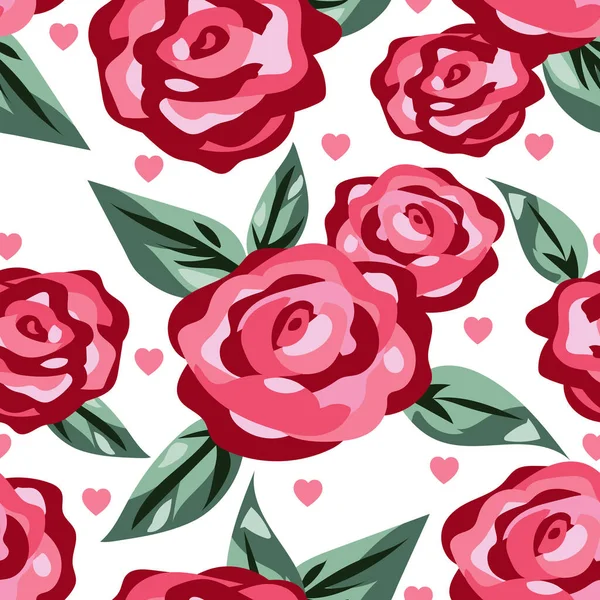 Valentinstag Nahtloses Muster Aus Rosa Rosenblüten Mit Grünen Blättern Und — Stockvektor