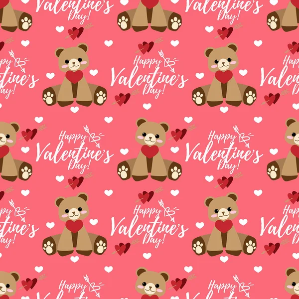 День Святого Валентина Безшовний Візерунок Милого Бурого Ведмедя Червоними Серцями — стоковий вектор