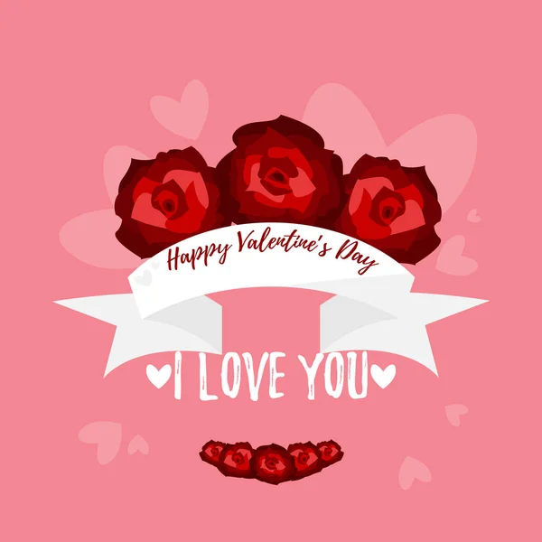 Valentine Day Background Red Rose Flowers White Ribbons Happy Valentine — Stock Vector