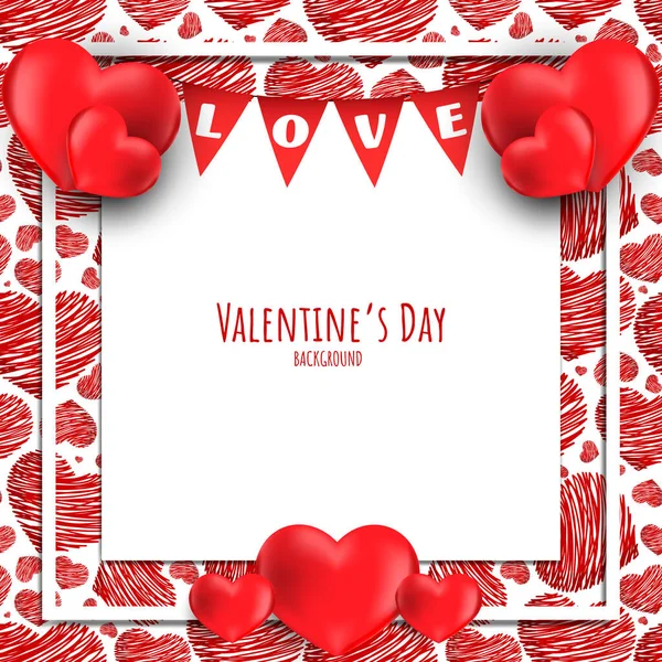 Valentijnsdag Achtergrond Van Rode Harten Rond Wit Frame Met Love — Stockvector