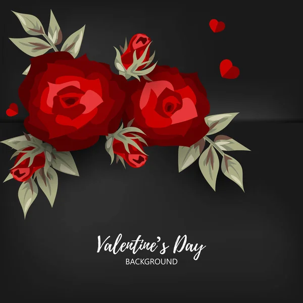 Valentijnsdag Achtergrond Van Mooie Rode Roos Bloemen Takken Met Rode — Stockvector