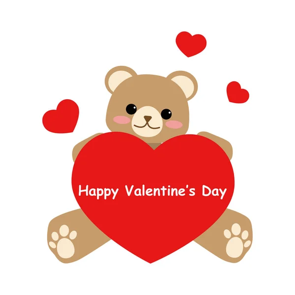 Cute Brown Bear Holding Big Red Heart Happy Valentine Day — Stock Vector