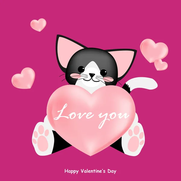 Valentine Day Background Cute Cat Holding Big Pink Heart Love — Stock Vector