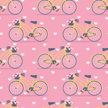 Sevgililer Günü 'nde bisiklet sepetinde çiçek buketi ve pembe arka planda bir sürü küçük beyaz kalp olan sarı sevimli bisiklet deseni. Aşk ve Sevgililer Günü kutlaması kavramı. Vektör illüstrasyonu.