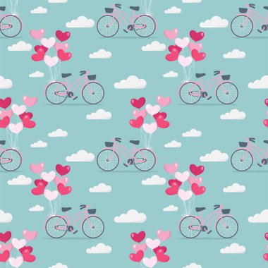 Sevgililer Günü 'nde kalp şeklinde balonlar ve açık mavi arka planda bulutlar olan kusursuz pembe bisiklet deseni. Aşk ve Sevgililer Günü konsepti için tasarım. Vektör illüstrasyonu.