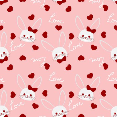 Sevgililer Günü 'nde açık pembe arka planda bir sürü kırmızı kalpli ve aşk mesajlı sevimli tavşan desenleri. Aşk ve Sevgililer Günü konsepti için tasarım. Vektör illüstrasyonu.