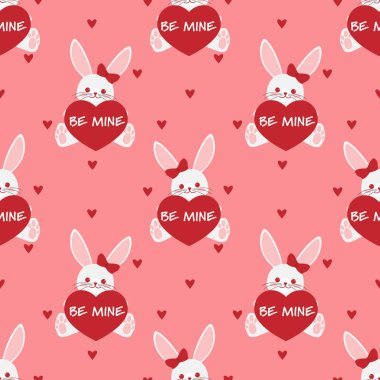 Sevgililer Günü 'nde kırmızı kurdeleli beyaz tavşanın pürüzsüz deseni pembe arka planda BE Mine yazılı büyük kırmızı bir kalbi vardır. Aşk konsepti için tasarım. Vektör illüstrasyonu.