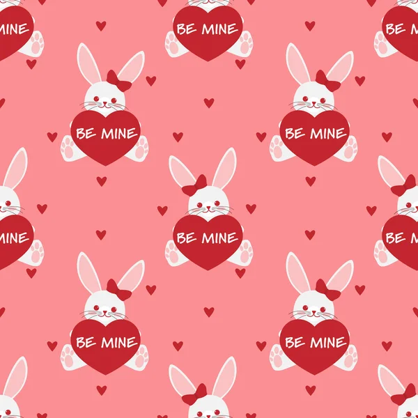 День Святого Валентина Бесшовный Рисунок Милого Белого Кролика Красными Лентами — стоковый вектор