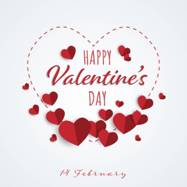 Sevgililer Günü arka planında kalp şeklinde kırmızı kalpler ve 14 Şubat Sevgililer Günü 'nde beyaz arka planda yazılan mutlu sevgililer günü metinleri var. Aşk ve Sevgililer Günü kavramı. Vektör illüstrasyonu.