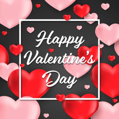 Sevgililer Günü arkaplanda beyaz çerçeveli ve siyah arkaplanlı Sevgililer Günü mesajı olan birçok pembe ve kırmızı kalbin Sevgililer Günü arkaplanı. Sevgililer Günü tebrik kartı ya da afişi. Vektör illüstrasyonu.