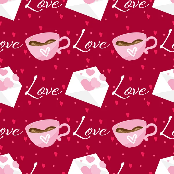 Patrón Sin Costuras Del Día San Valentín Tazas Café Rosa — Vector de stock