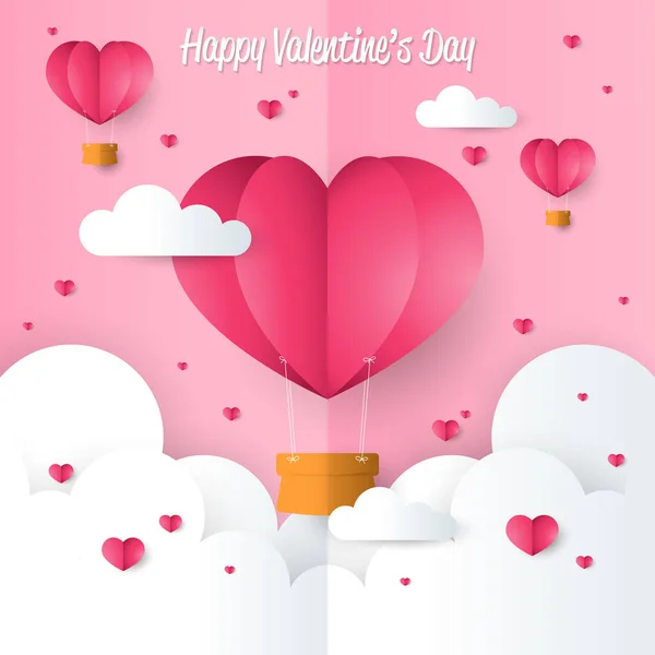 Valentinstag Hintergrund Der Herzform Heißluftballons Und Happy Valentine Day Text — Stockvektor