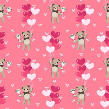 Sevgililer Günü 'nde kalp şeklinde balonları ve pembe arka planda küçük kalpleri olan bir buket çiçekli şirin ayı deseni. Vektör illüstrasyonu.