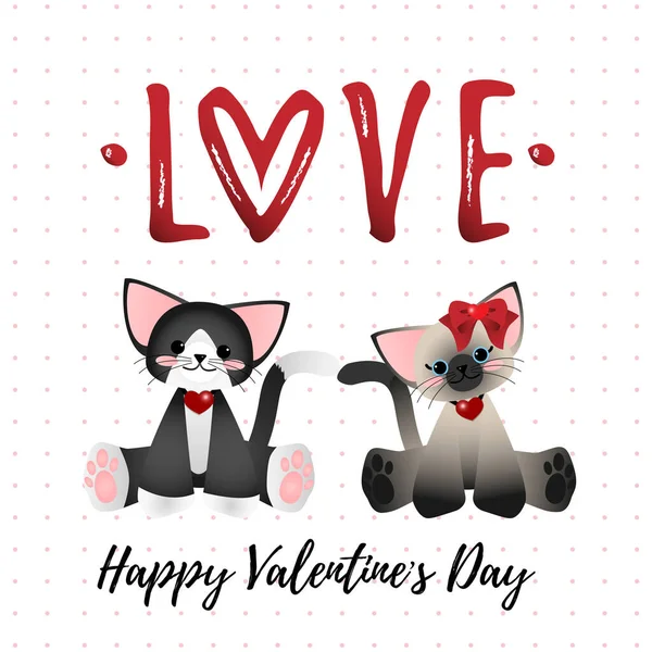 Couple Cute Cats Wear Red Ribbons Sitting Love Happy Valentine — Stock Vector