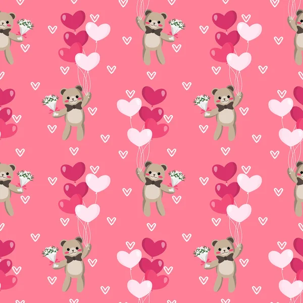 Valentine Day Seamless Pattern Cute Bear Heart Shape Balloons Bouquet — Stock Vector