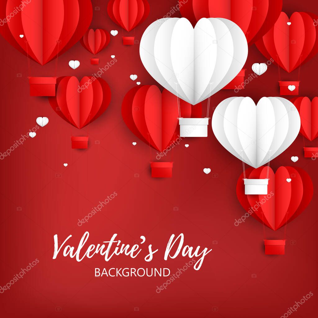 Valentine's day background of heart shape hot air balloons couple in white color on red background with many heart shape hot air balloons in red color, tiny white hearts and your copy space. Concept of love and Valentine day in paper art style.