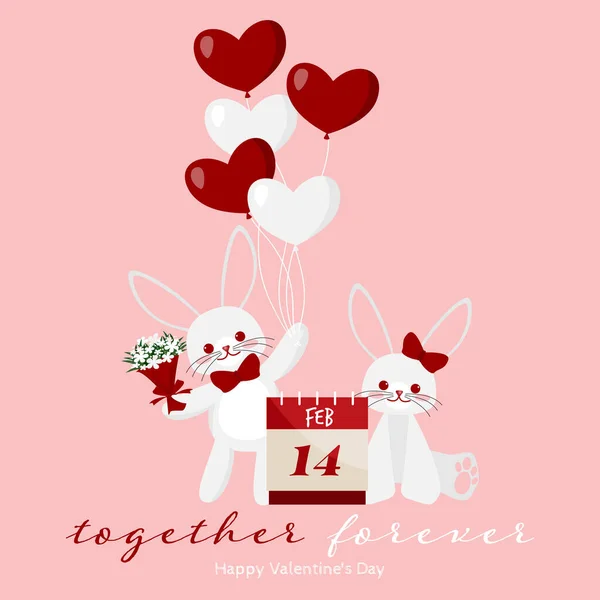 Valentine Day Background Cute Rabbits Couple Holding Heart Shape Balloons — Stock Vector