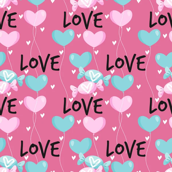 情人节这天 有着粉色和蓝色心形气球的可爱糖果图案天衣无缝 在粉色背景上有爱的文字和小小的白心 矢量说明 — 图库矢量图片