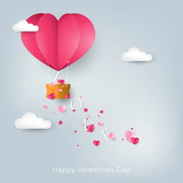 Valentýn Pozadí Love Text Padající Srdce Tvar Horkovzdušný Balón Mnoha — Stockový vektor