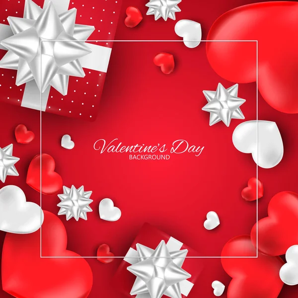 Valentijnsdag Achtergrond Van Rode Geschenkdozen Met Witte Linten Rood Hart — Stockvector