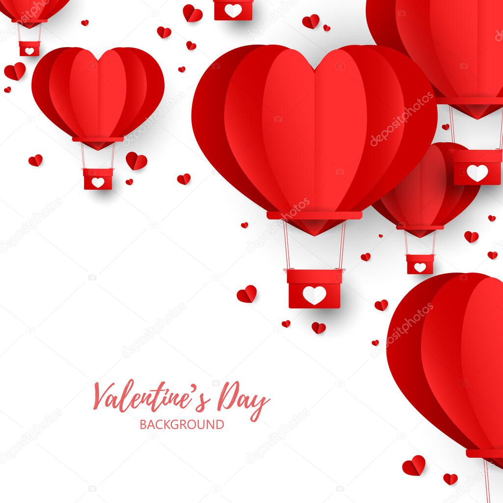 Valentine's day background of red heart shape hot air balloons with many tiny red hearts on white background with your copy space. Concept of love and Valentine day in paper art style for background, advertising and promotion. Vector illustration.