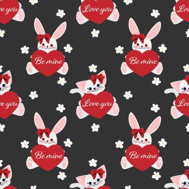 Sevgililer Günü 'nde kırmızı kurdeleli şirin tavşan ve kedi benim ol ve sev siyah arka planda şirin beyaz çiçeklerle mesajlaşın. Vektör illüstrasyonu.