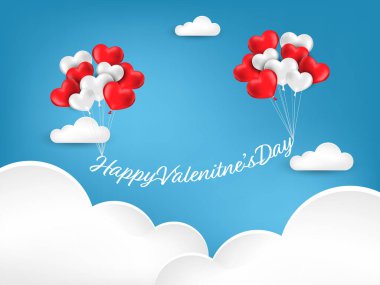 Sevgililer Günü arka planında kırmızı ve beyaz renkli bir grup kalp şeklinde balon, mavi gökyüzüne beyaz bulutlarla Mutlu Sevgililer Günü mesajı asıyor. Arka plan için aşk konsepti, reklam, afiş ve promosyon. Vektör illüstrasyonu.
