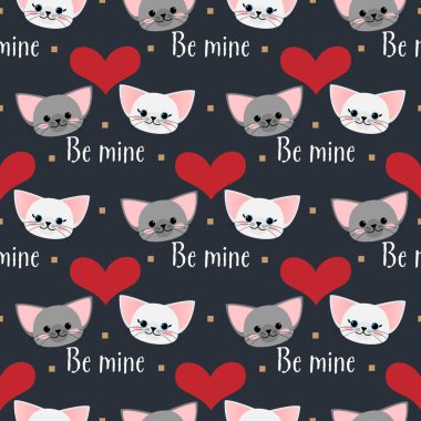 Sevgililer Günü 'nde kırmızı kalpli sevimli kedilerin kusursuz desenleri ve siyah renkli arka planda benim metnim ol. Vektör illüstrasyonu.