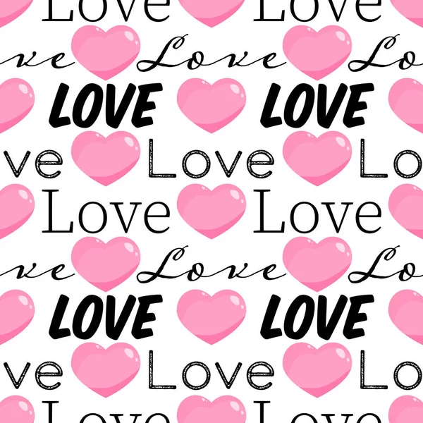 ピンクのハートのバレンタインデーのシームレスなパターンと白の背景に愛のテキストパターン ベクターイラスト — ストックベクタ