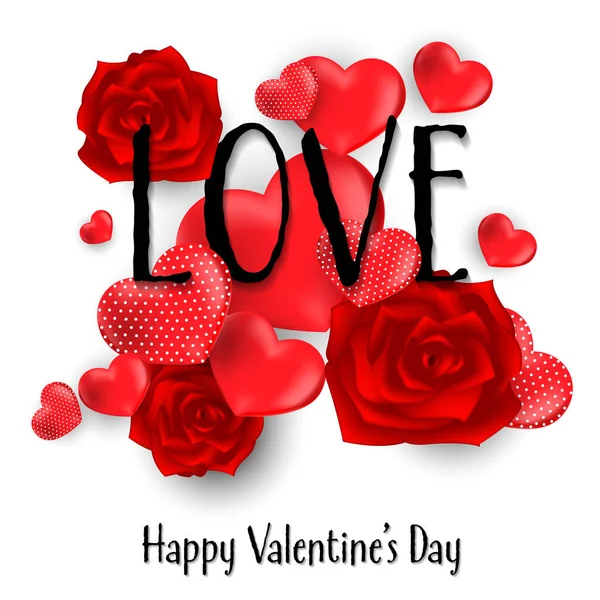 Valentine Day Background Many Red Hearts Red Rose Flowers Love — Stock Vector