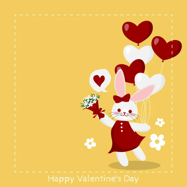Valentine Day Background Cute Rabbit Girl Red Ribbon Red Dress — Stock Vector