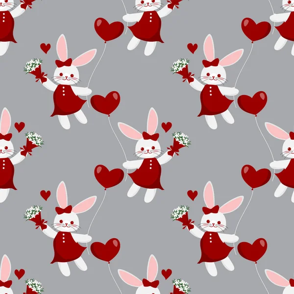 День Святого Валентина Бесшовный Узор Милой Девушки Кролика Красной Лентой — стоковый вектор