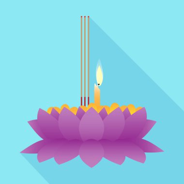 Tayland 'daki Loy Krathong Festivali için mum ve tütsü içeren pembe renkli bir Krathong düz dizayn tarzında mavi arka planda. Vektör illüstrasyonu.