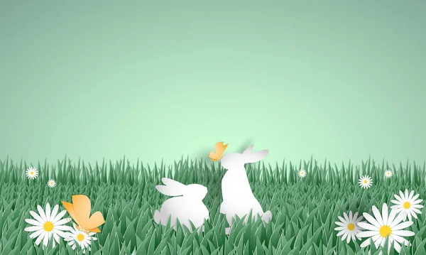 Couple Rabbits Grass Field White Flowers Butterfly Light Green Sky — 图库矢量图片