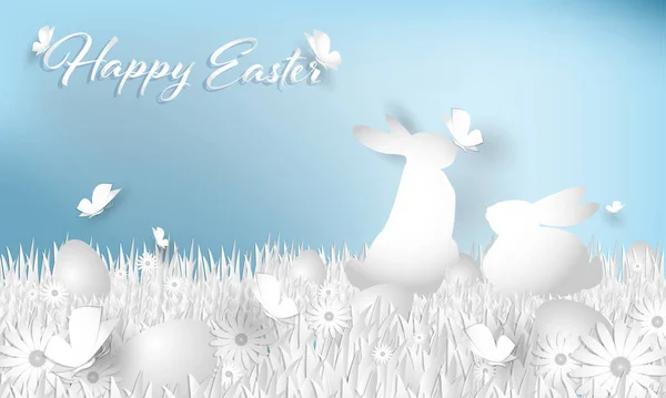 Fröhliche Ostertext Mit Einer Gruppe Osterei Ein Paar Kaninchen Auf — Stockvektor