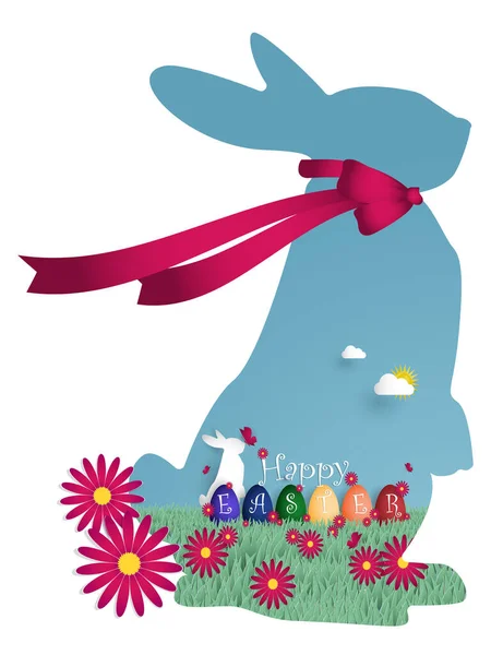 Happy Easter Tekst Tęczowym Jajkiem Królikiem Trawie Motylem Kwiaty Sylwetce — Wektor stockowy
