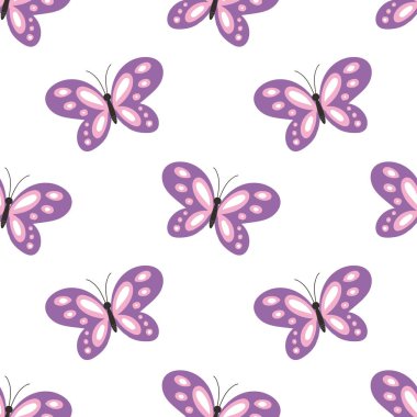 Beyaz arka planda mor kanatları olan sevimli, pürüzsüz küçük kelebek deseni. Vektör illüstrasyonu.