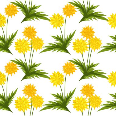 Beyaz arka planda yaprakları olan kusursuz karahindiba deseni. Vektör illüstrasyonu.