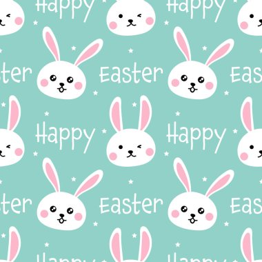 Paskalya 'nın kusursuz, şirin tavşanların mutlu paskalya metinleri ve açık mavi arka planda küçük bir yıldız tasarımı kutlu olsun. Vektör illüstrasyonu.