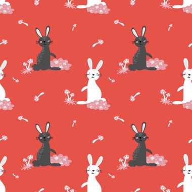 Tatlı tavşanların böğürtlen ve mantarların turuncu arka planda kusursuz paskalya şablonu. Vektör illüstrasyonu.