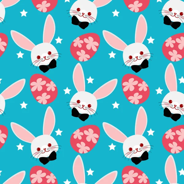 Happy Easter Seamless Pattern Cute Rabbits Stars Easter Eggs Blue — Stock Vector