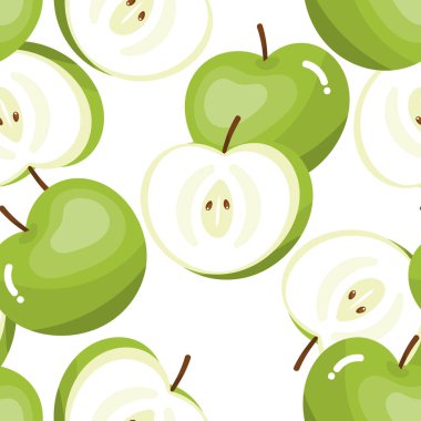 Beyaz arkaplanda yeşil elma desenli şirin meyve deseni. Vektör illüstrasyonu.