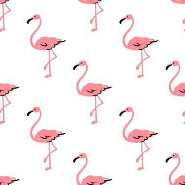 Beyaz arkaplanda karalamalı pembe flamingonun hoş yaz deseni. Vektör illüstrasyonu.